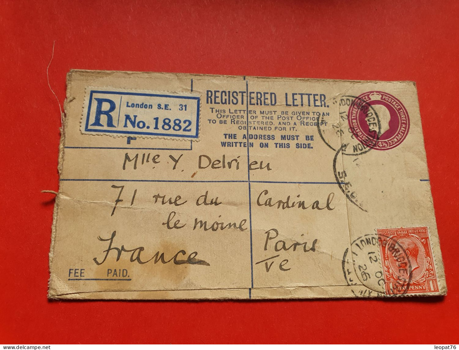 GB - Entier Postal En Recommandé De Londres Pour Paris En 1926, ( Compléments Incomplet ) - Réf 1677 - Material Postal
