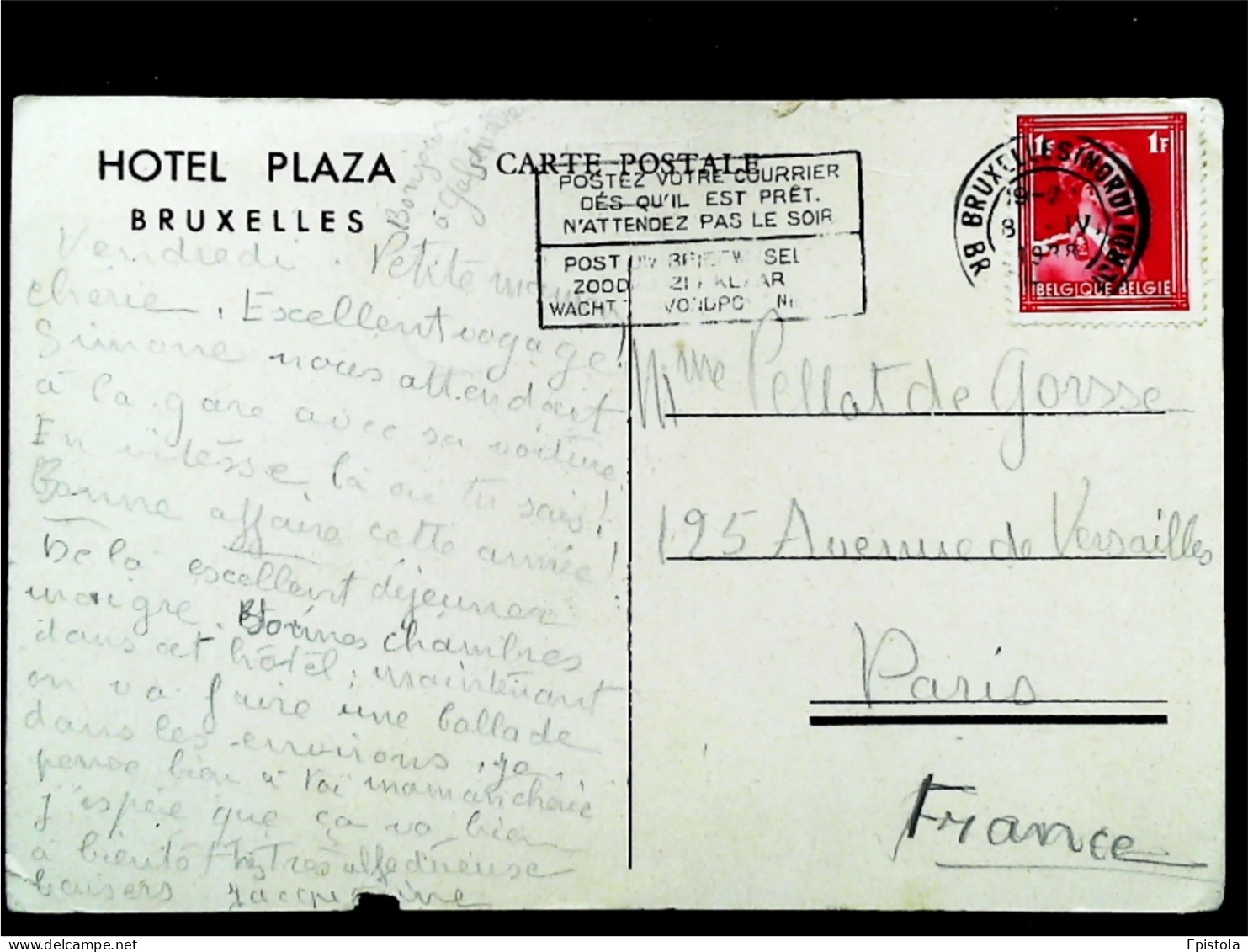 ► Hôtel Plaza - Bruxelles. - Le Restaurant  - En L'état - Timbre Cahet 1938. - 1 F - Cafés, Hotels, Restaurants