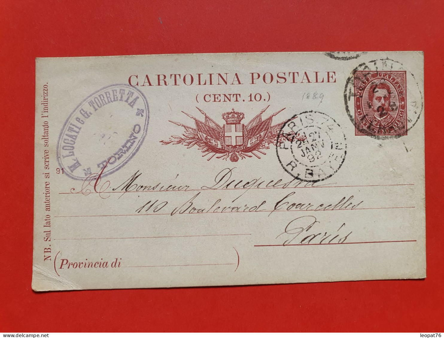 Italie - Entier Postal De Torino Pour La France En 1892 - Réf 1687 - Stamped Stationery