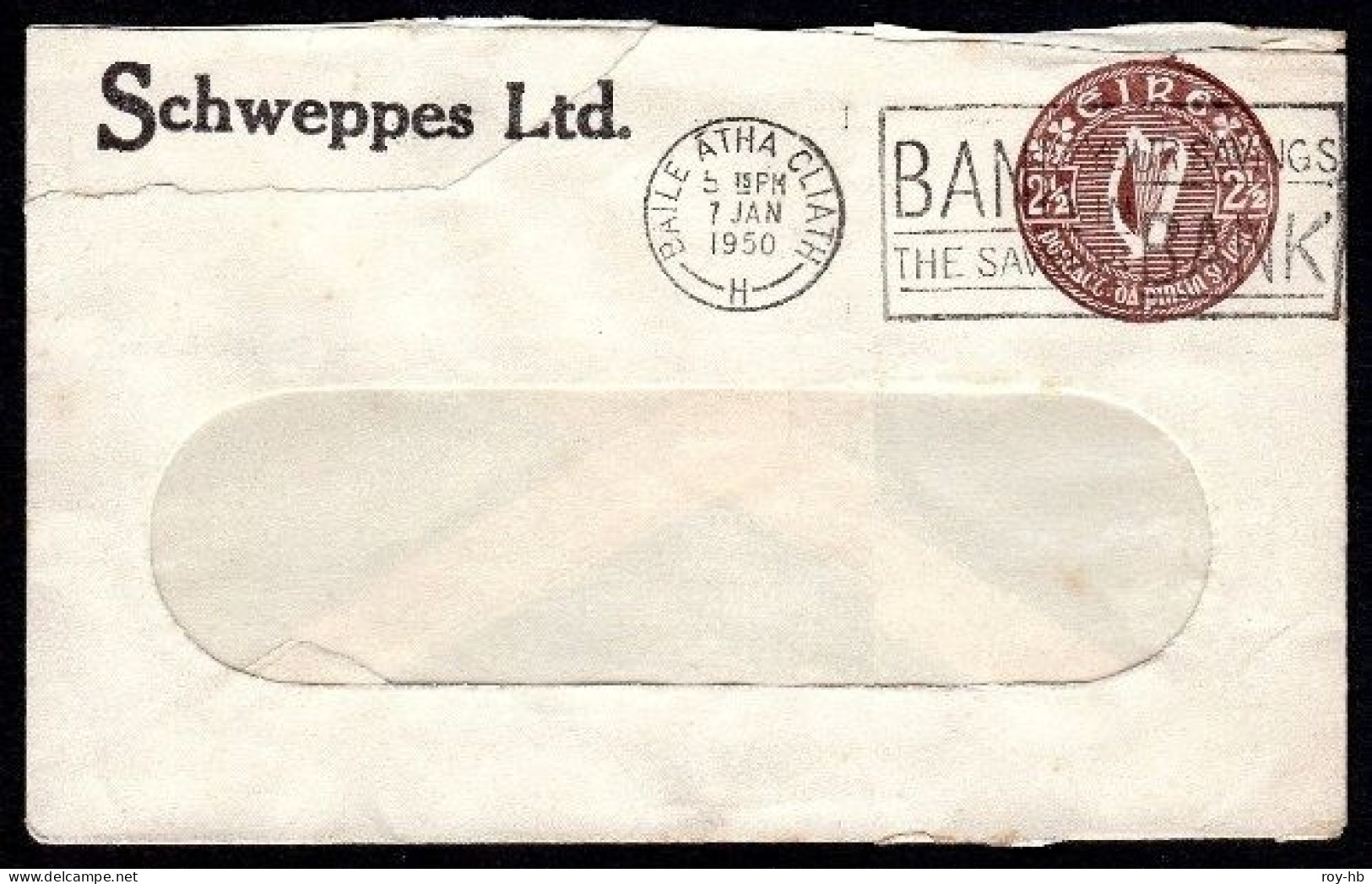 Stamped To Order: Schweppes Ltd, 1949 2½d Brown Envelope With Rounded Window With Cellophane, Used - Enteros Postales