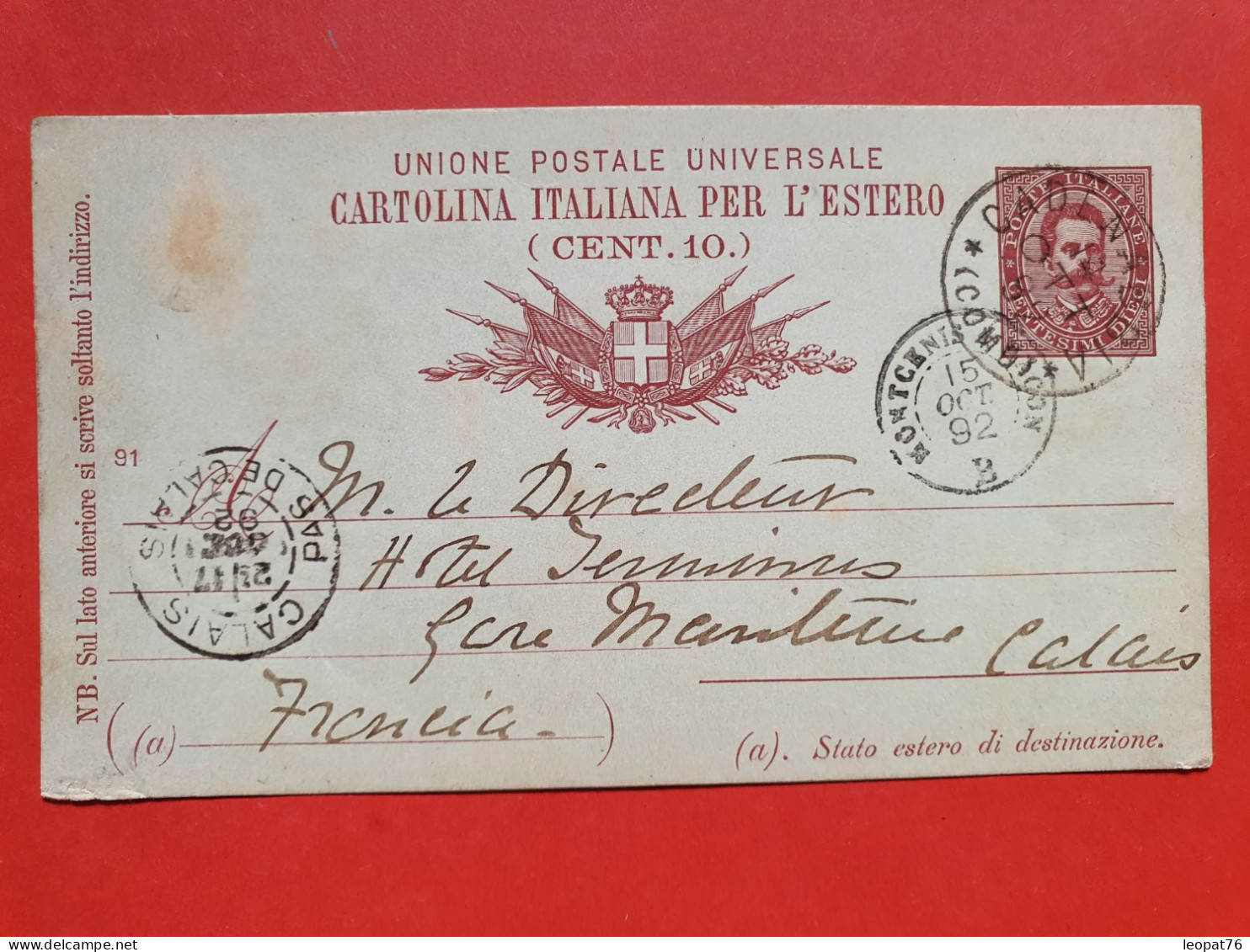 Italie - Entier Postal De Cadenabbia Pour La France En 1892 - Réf 1688 - Entero Postal
