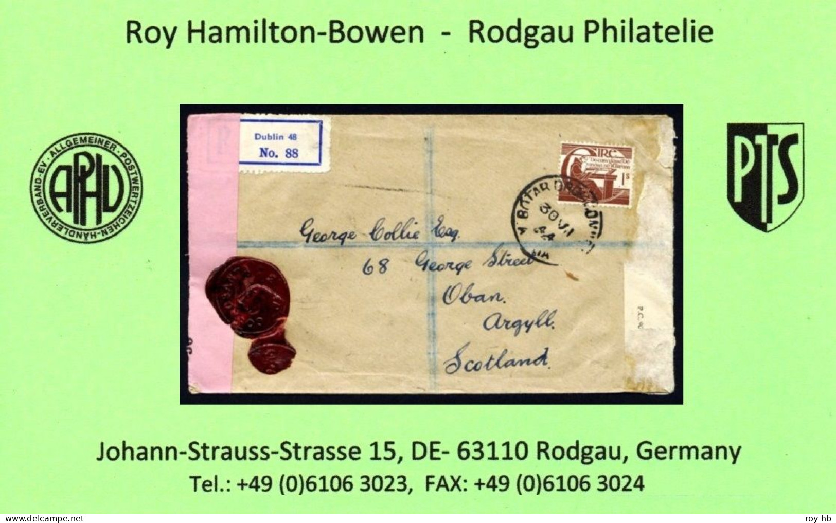 1944 O'Cleary 1/- On A Registered Cover From Dublin To Argyll With Clear First Day Cancels, British And Irish Censor - Briefe U. Dokumente