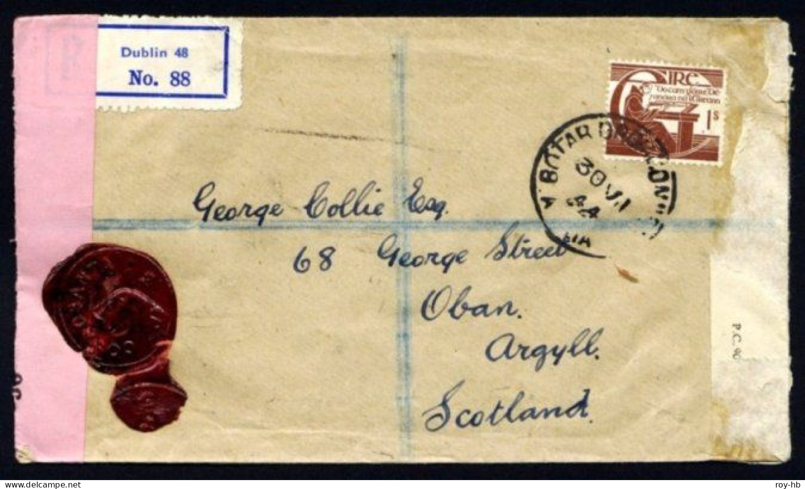 1944 O'Cleary 1/- On A Registered Cover From Dublin To Argyll With Clear First Day Cancels, British And Irish Censor - Storia Postale