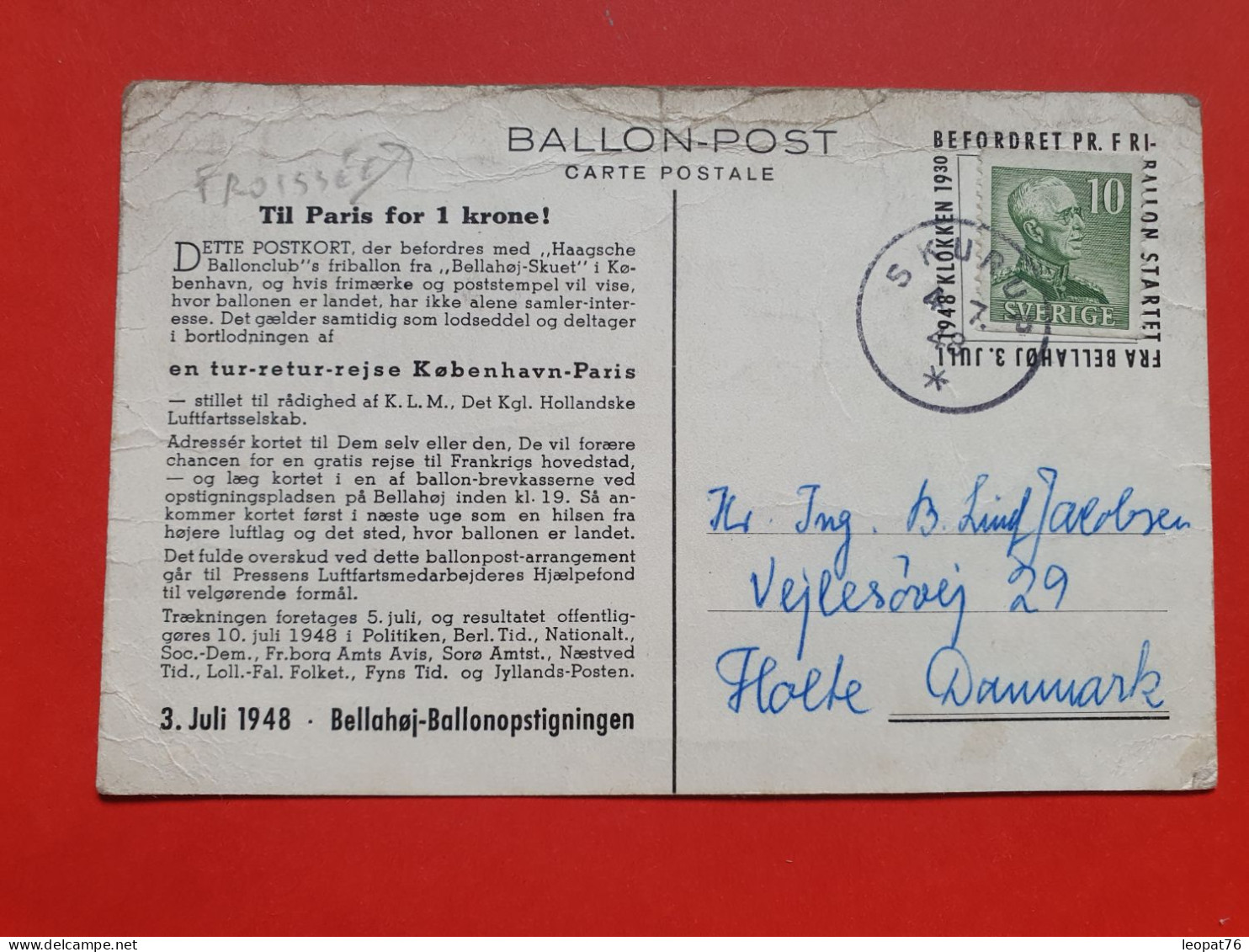 Suède - Carte Postale Par Ballon En 1948 - Froissures En Haut - Réf 1698 - Briefe U. Dokumente