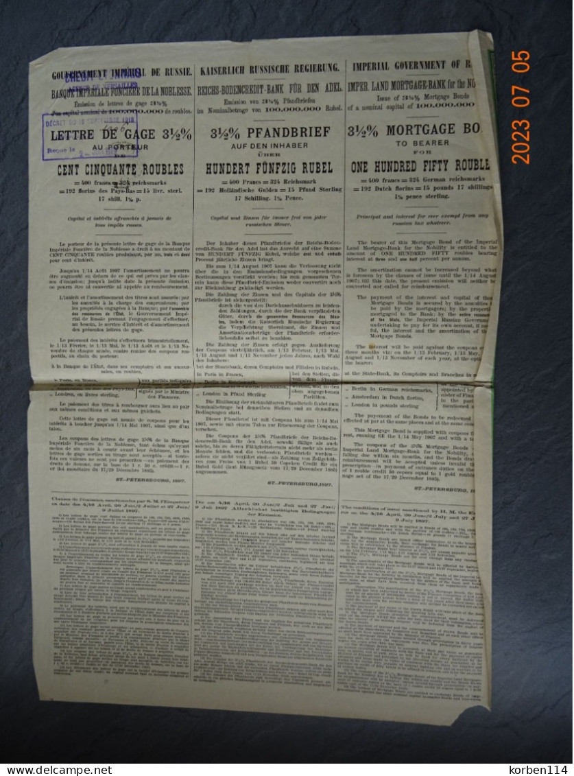 LETTRE DE GAGE  3  1/2  %  BANQUE IMPERIALE FONCIERE DE LA NOBLESSE - Russie