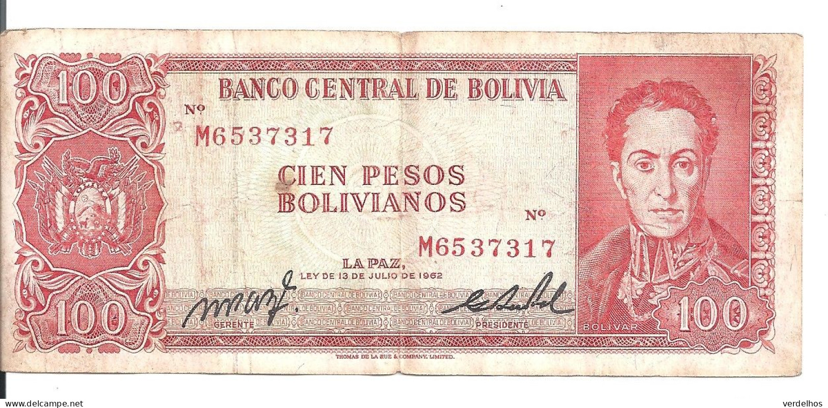 BOLIVIE 100 PESOS L.1962 VF P 163 - Bolivia