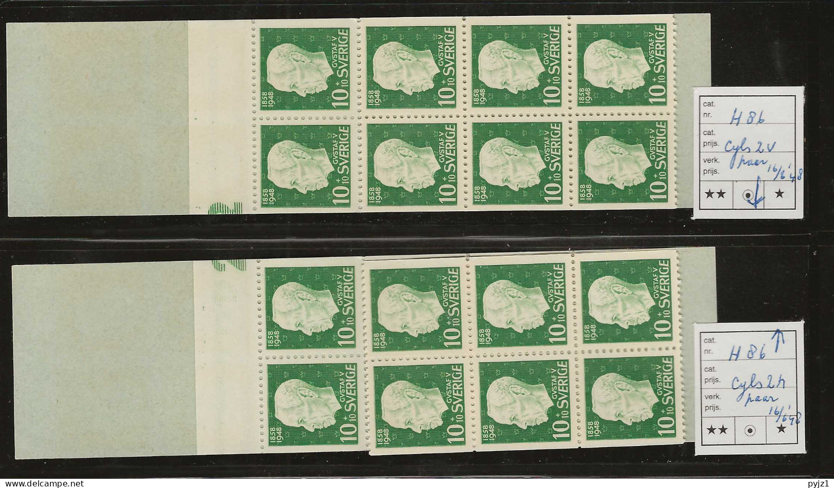 1948 MNH Sweden Booklet Facit H86 Cyls 2h/v Pair Postfris** - 1904-50