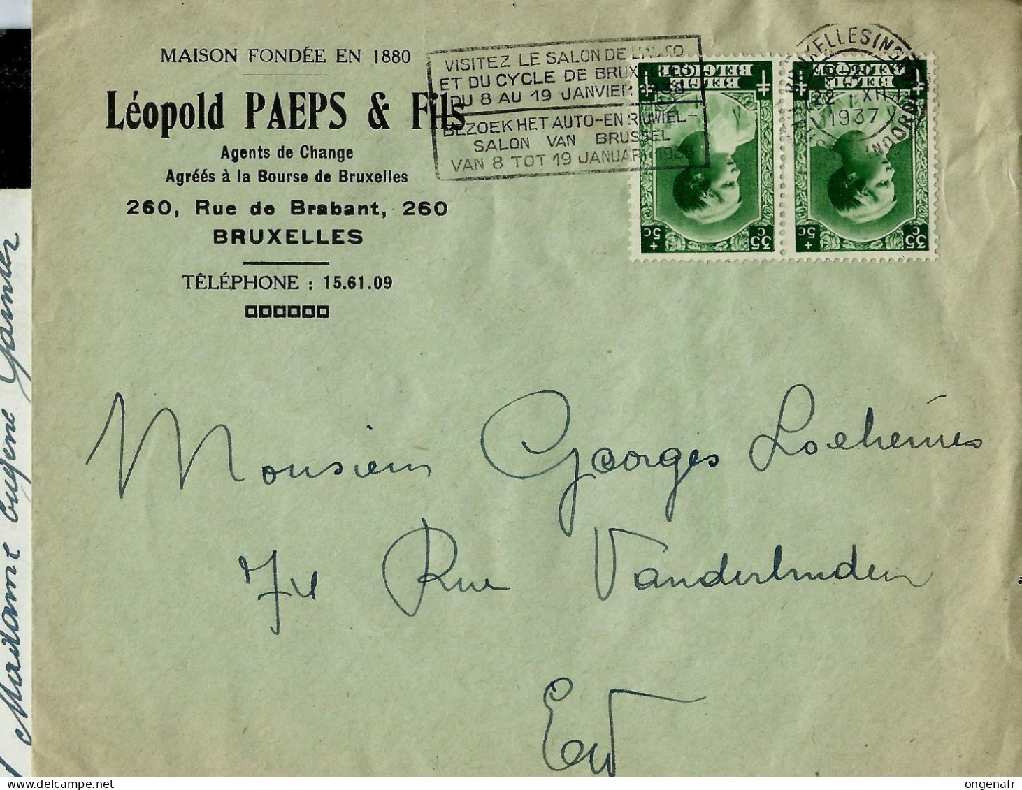 Env. (entière) Avec Paire N° 460 Obl. BXL 22/12/1937 - Correo Rural