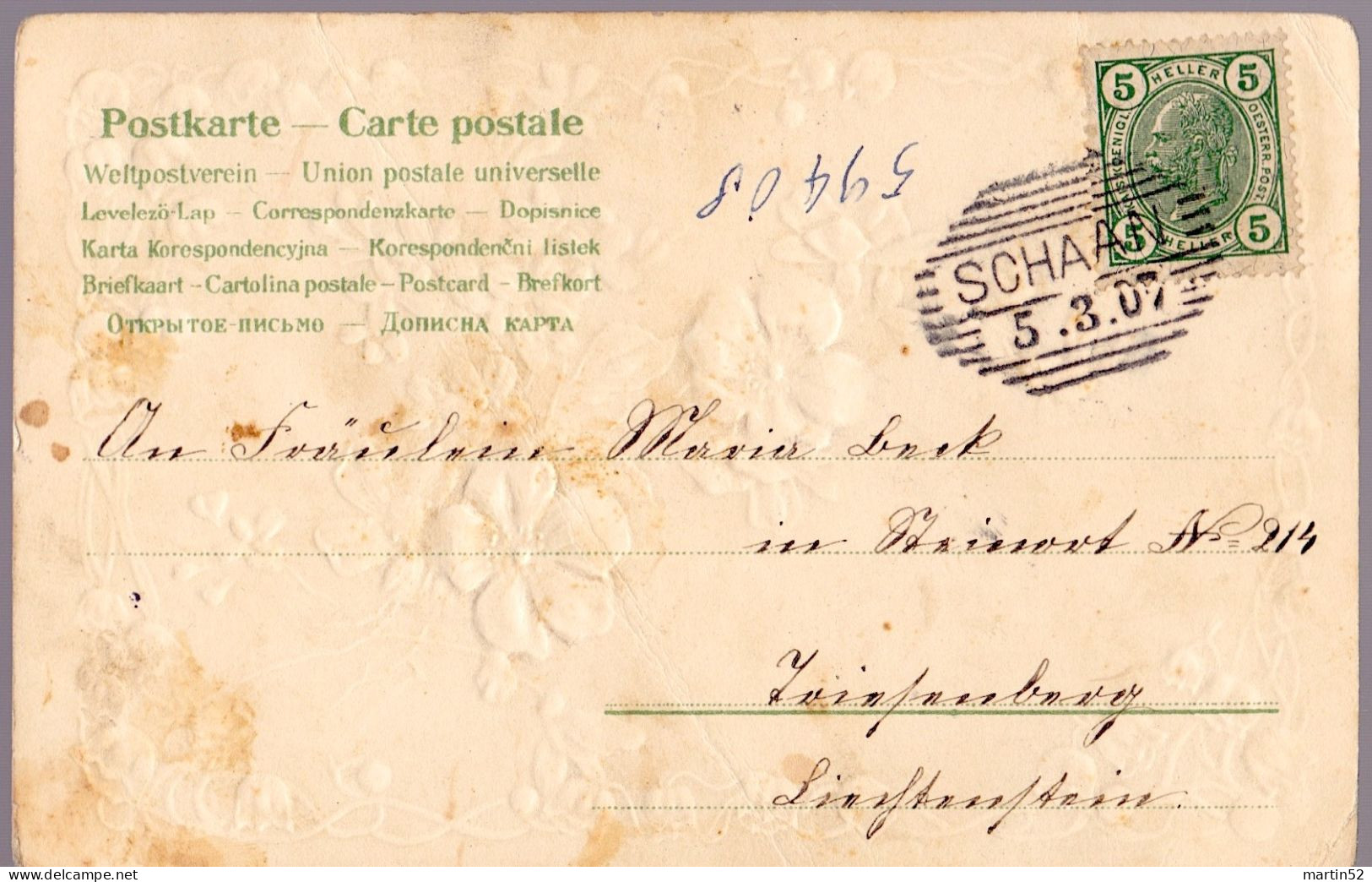 Liechtenstein 1907: Blumige Relief Karte CPI Vorläufer Précurseur Michel-N° 122 Mit O SCHAAN 5.3.07 (LBK CHF 40.00) - ...-1912 Voorlopers