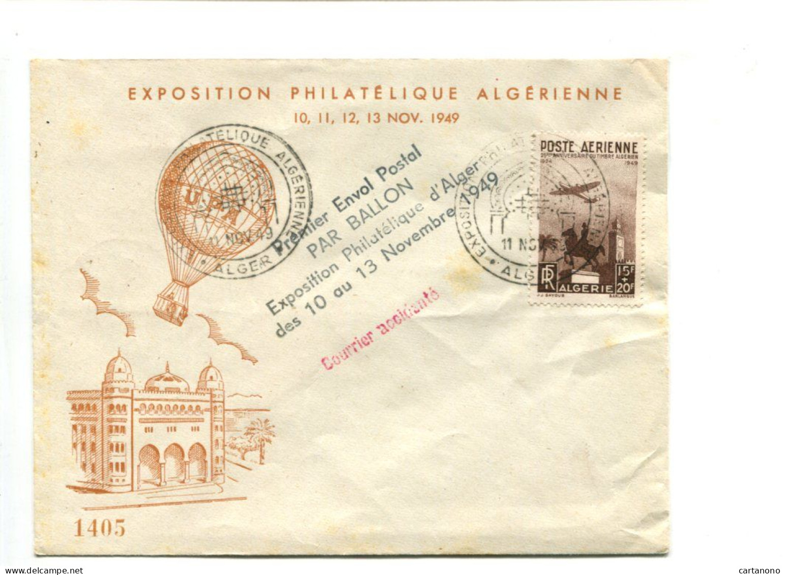 ALGERIE - Affranchissement Sur Lettre Premier Envoi Postal Par Ballon 1949 - Autres & Non Classés