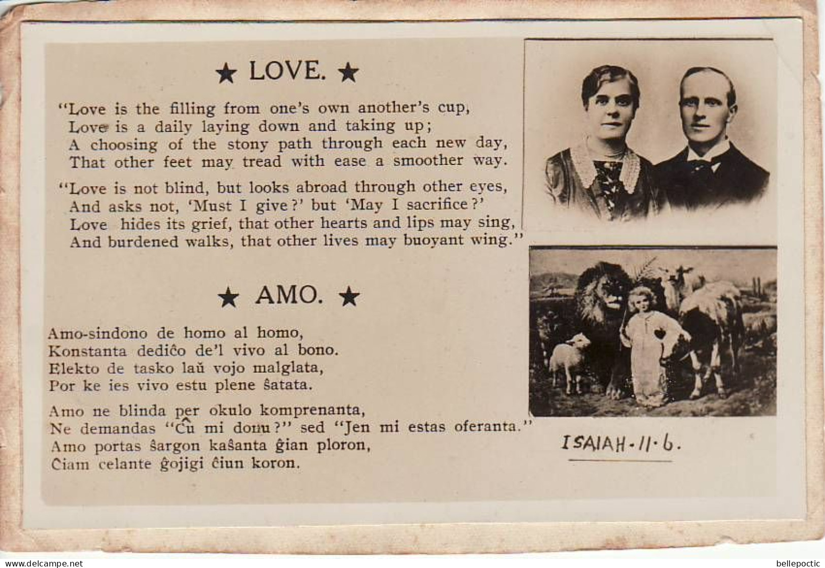 RPPC *Love * *Amo* Isiah 11.6  Esperanto - Glasgow - Esperanto