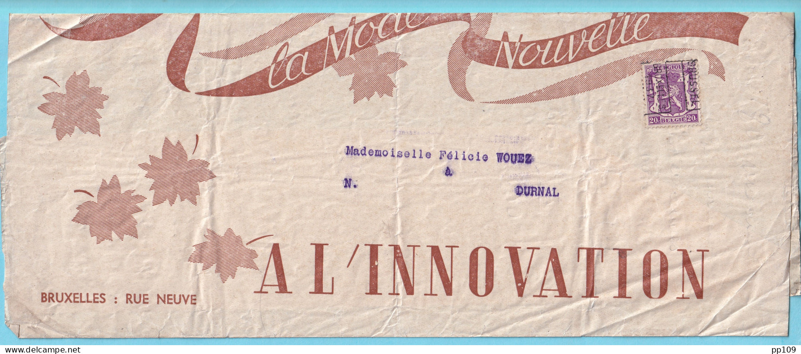 Manchon Imprimé Publicité La Mode Nouvelle  A L'INNOVATION Rue Neuve Préo Roulette BRUXELLES 1937  - Roulettes 1930-..