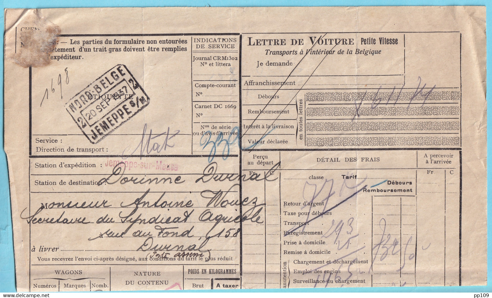 Lettre De Voiture  SNCB Obl NORD BELGE JEMEPPE SUR MEUSE  1937 + SPONTIN ! - Documents & Fragments