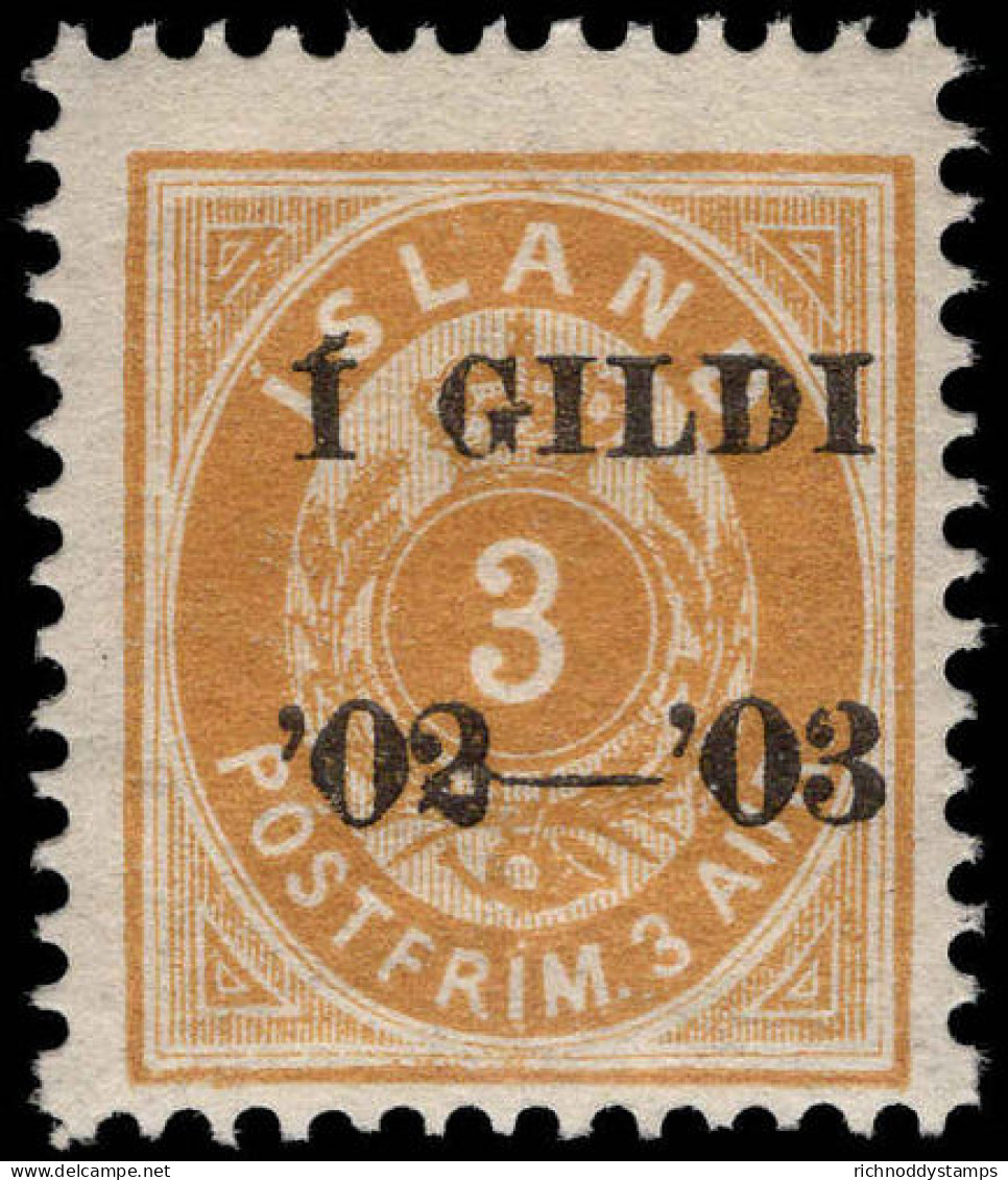 Iceland 1902-03 3a Yellow Perf 12&#189; Lightly Mounted Mint. - Unused Stamps