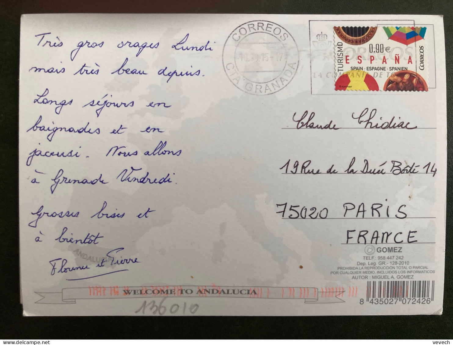 CP Pour La FRANCE TP TURISMO 0,90E OBL.MEC.10 09 15 CTA GRANADA - Cartas & Documentos