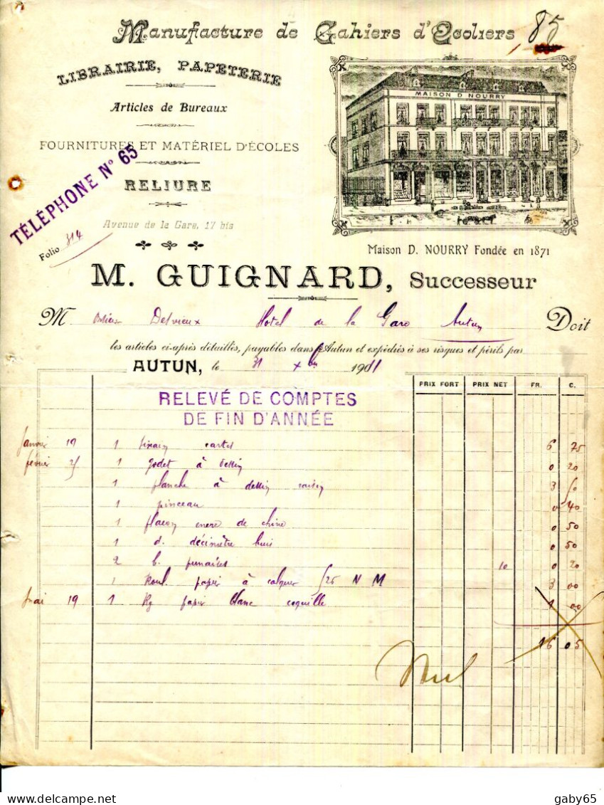 FACTURE.71.AUTUN.MANUFACTURE DE CAHIERS D'ECOLIERS.LIBRAIRIE-PAPETERIEM.GUIGNARD 17bis AVENUE DE LA GARE. - Stamperia & Cartoleria