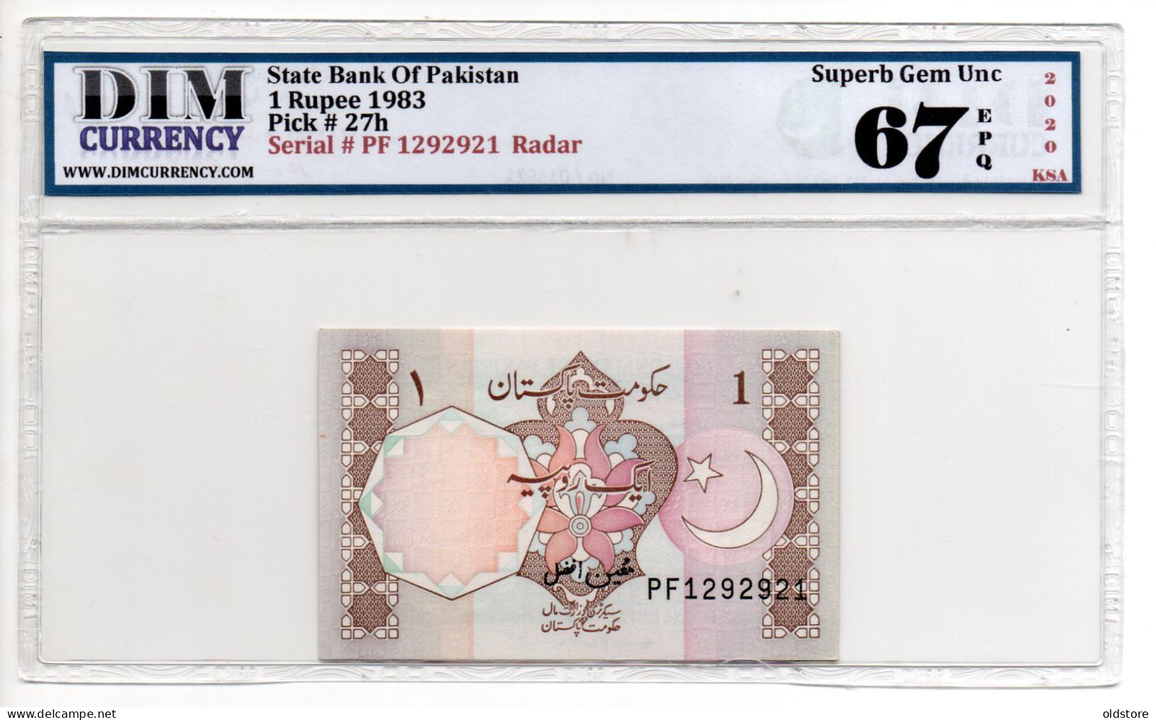 Pakistan - 1 Rupee - Fancy ( RADAR Number 1292921) - ND 1983 - Superd Gem UNC 67 EPQ - Pakistan