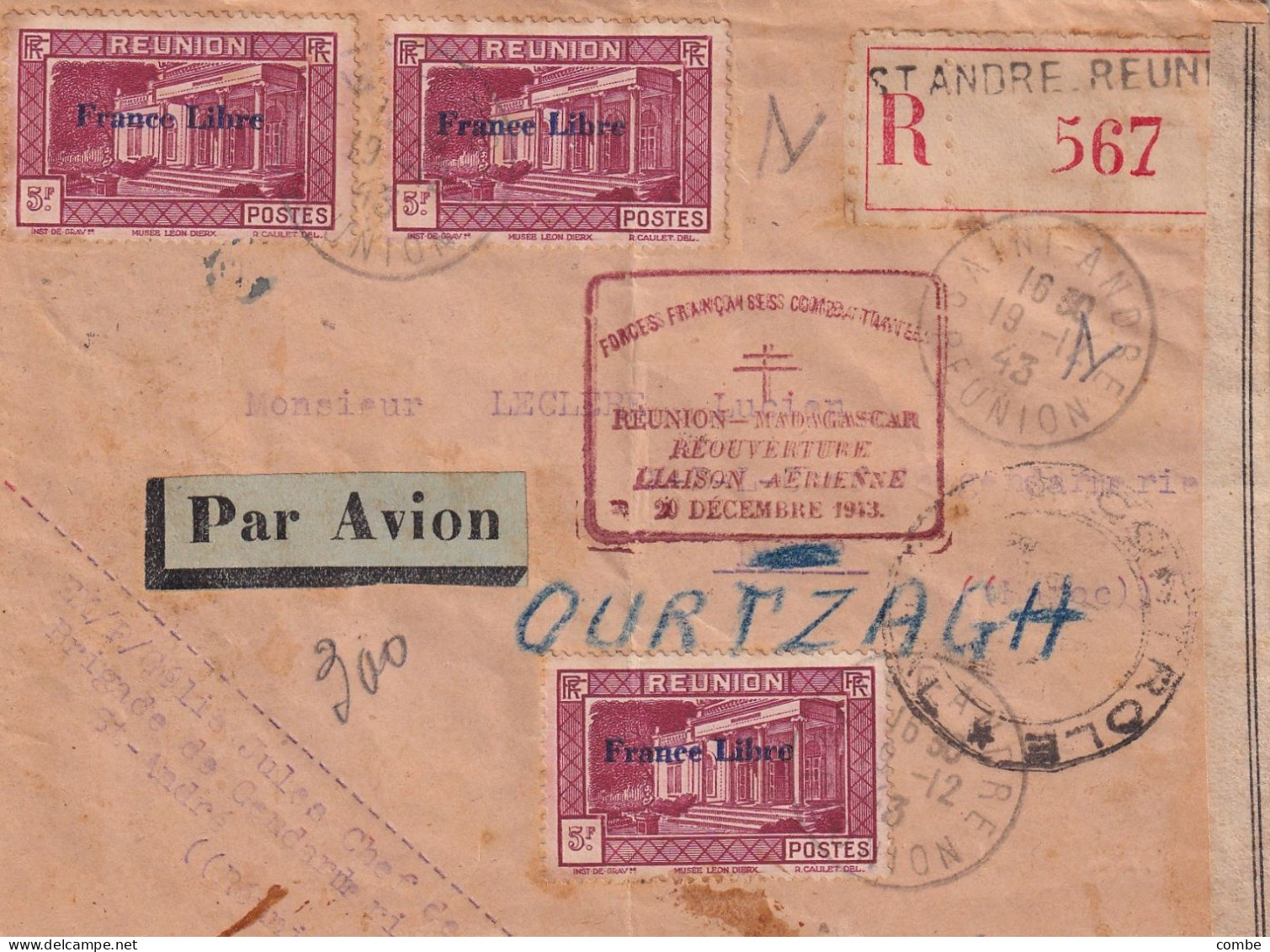 LETTRE. REUNION. 19 12 43. ST ANDRE. FORCES FRANCAISES COMBATTANTES. FRANCE LIBRE. POUR MAROC PAR ST DENIS, FEZ. CENSURE - Covers & Documents