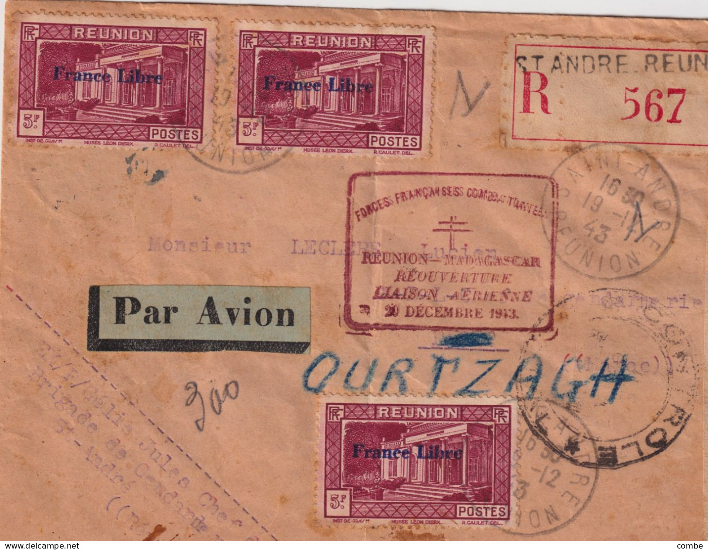 LETTRE. REUNION. 19 12 43. ST ANDRE. FORCES FRANCAISES COMBATTANTES. FRANCE LIBRE. POUR MAROC PAR ST DENIS, FEZ. CENSURE - Covers & Documents