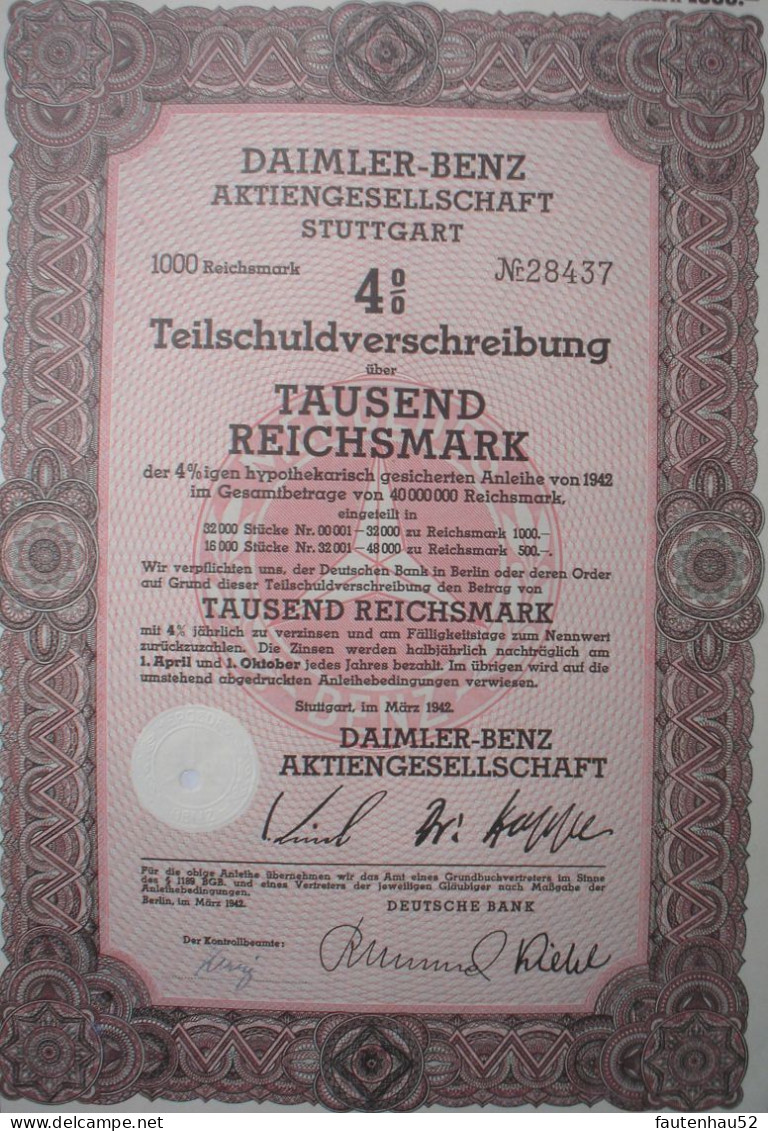 Germany - 4% Daimler Benz Mercedes 1000 Mark Bond 1942 - Automovilismo