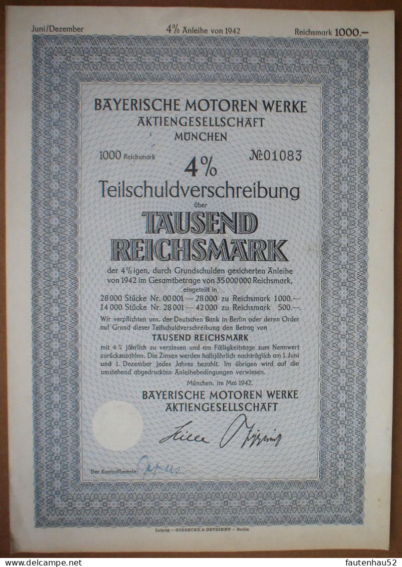 3 X Differend BMW 1000 + 2 X 500 Mark Bonds 1942 / 43, All 3 Are Uncancelled - Auto's