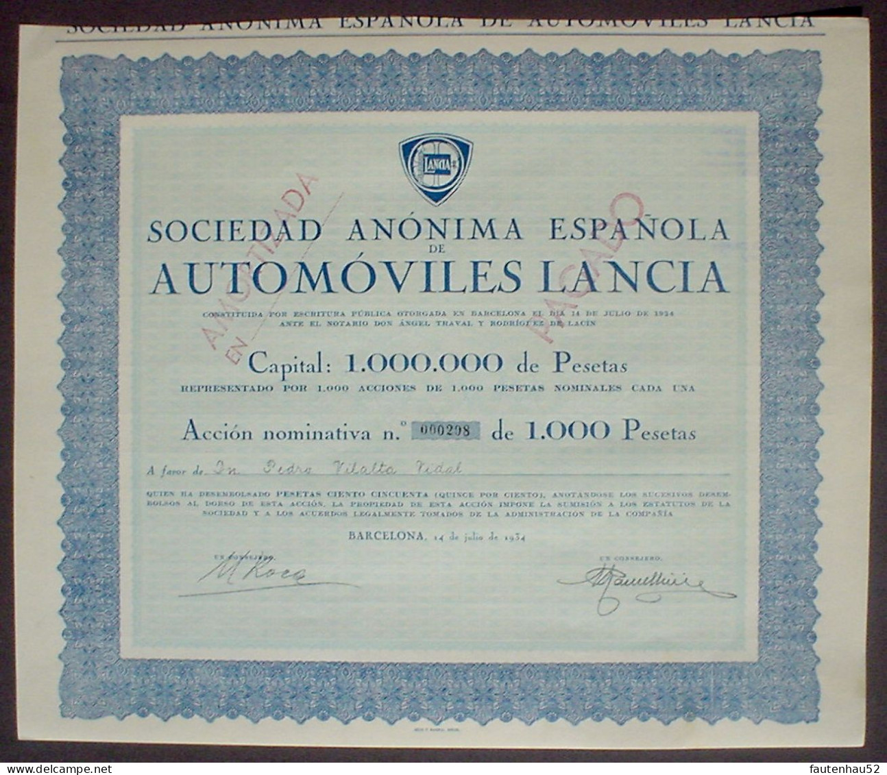 Automobiles Lancia 1000 Ptas 1934 - Automovilismo