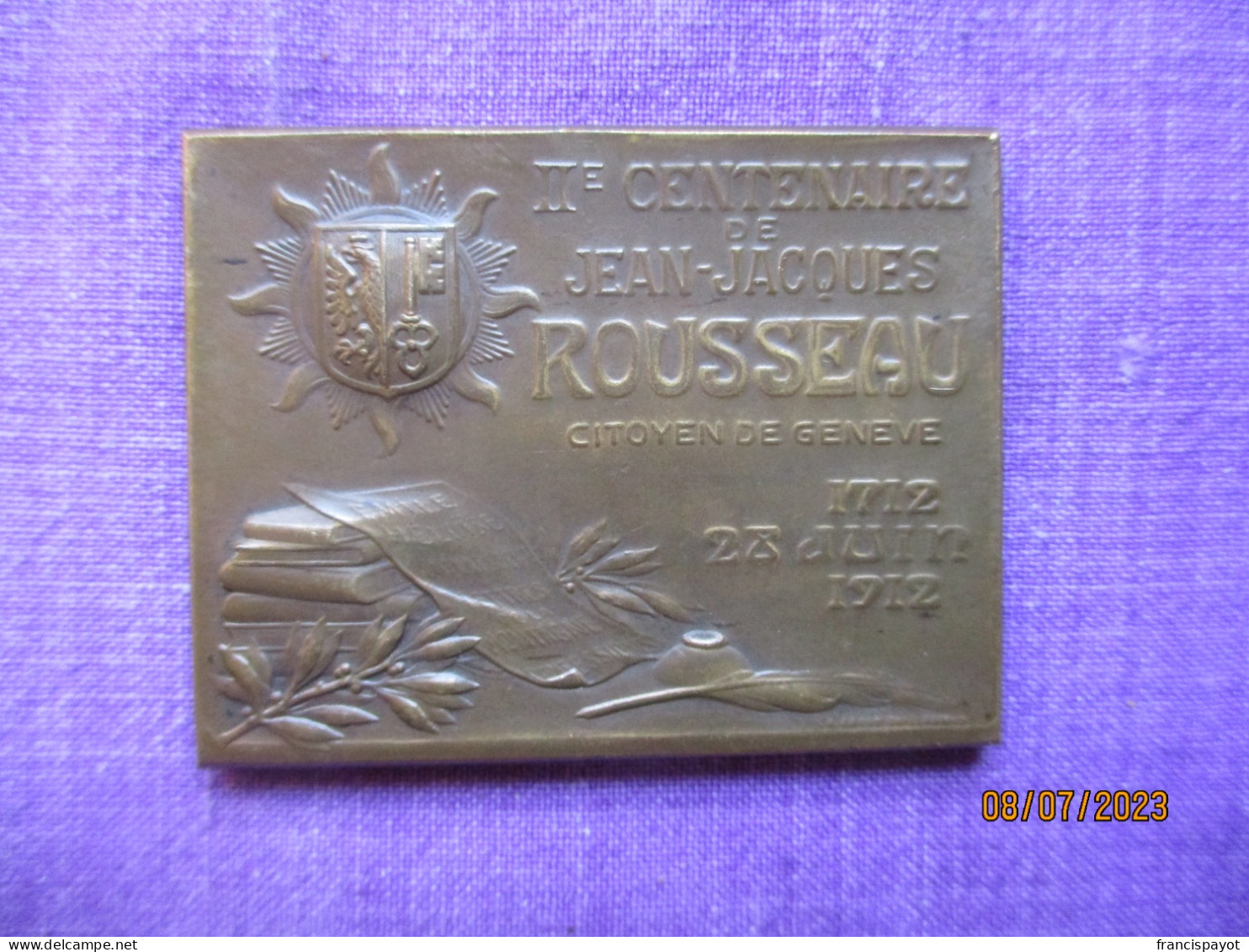 Suisse: Plaquette Souvenir Du 200e Anniversaire De La Naissance De J.J. Rousseau 1912 - Bronze - Professionals / Firms