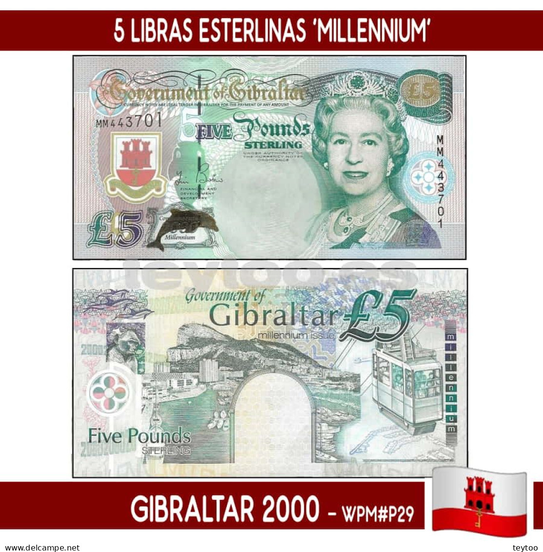 B0955# Gibraltar 2000. 5 Libras 'Millennium' (UNC) WPM#29 - Gibilterra