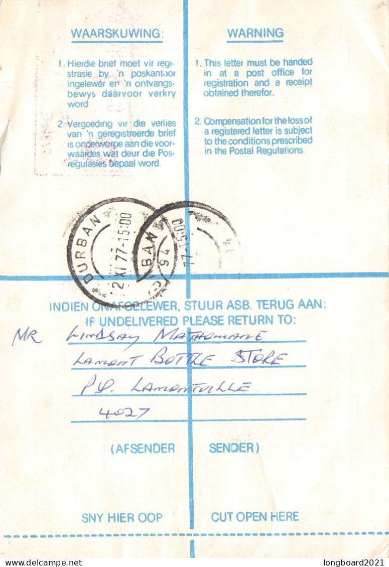 SOUTH AFRICA - REGISTERED MAIL 1977 DURBAN  / *450 - Lettres & Documents