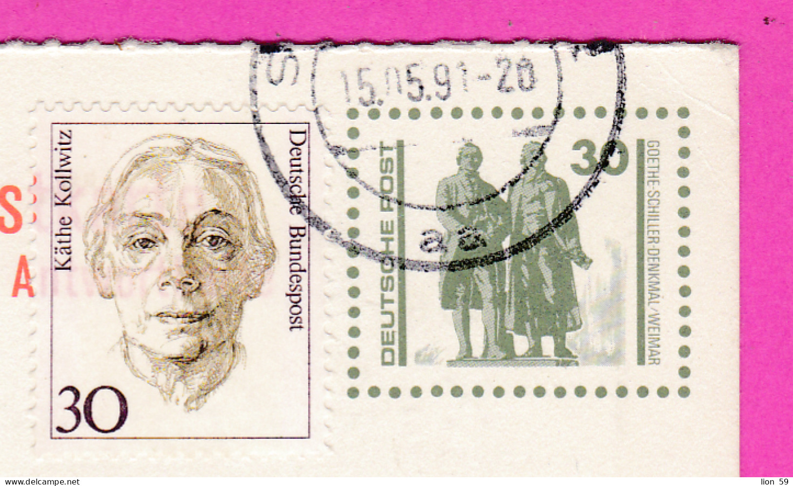 295820 / Germany Deutsche Post 1991 - 30+30 Pf. (Goethe-Schiller-Denkmal) Käthe Kollwitz Painter , Stralsund Ganzsachen - Postcards - Used