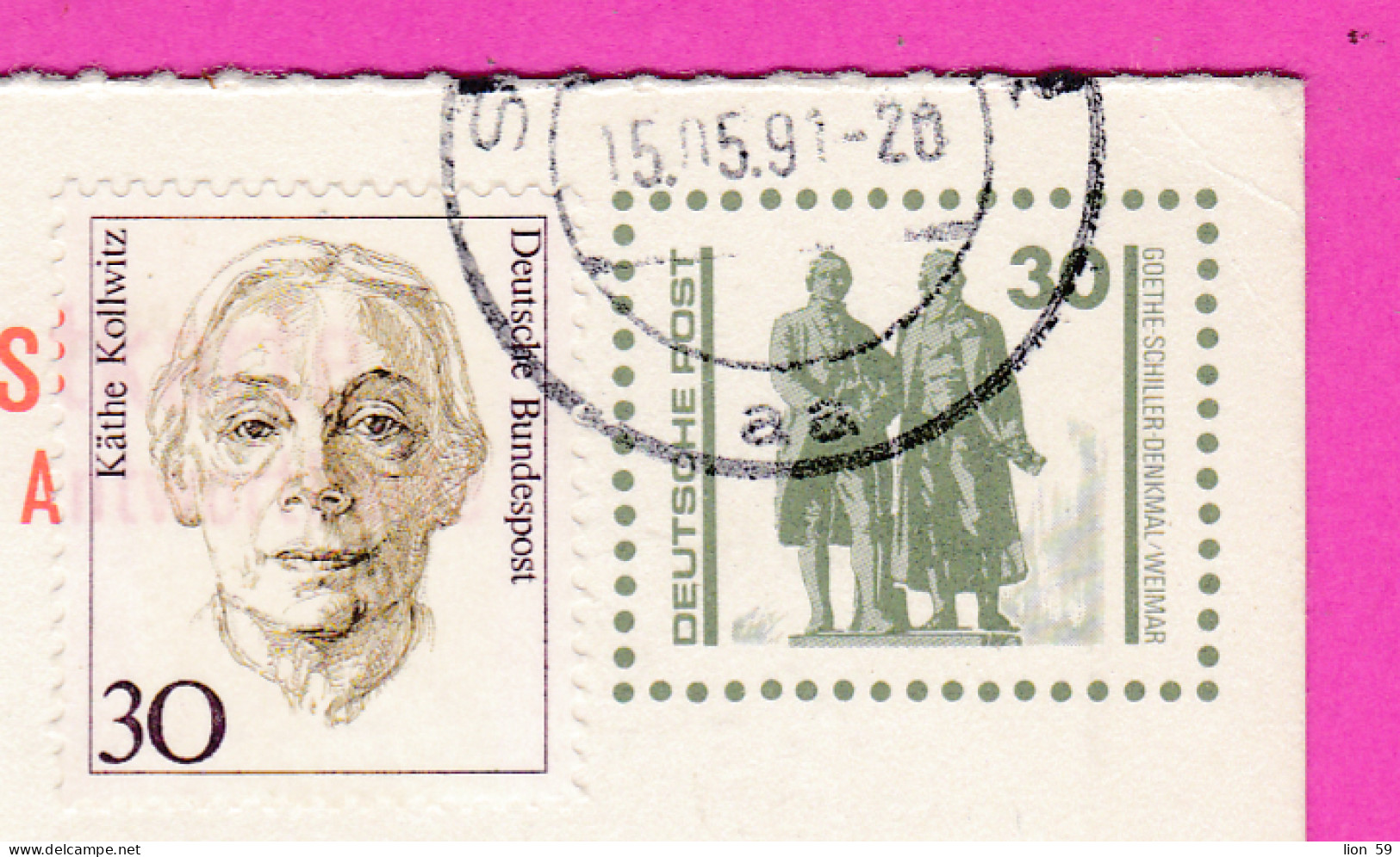 295820 / Germany Deutsche Post 1991 - 30+30 Pf. (Goethe-Schiller-Denkmal) Käthe Kollwitz Painter , Stralsund Ganzsachen - Cartoline - Usati