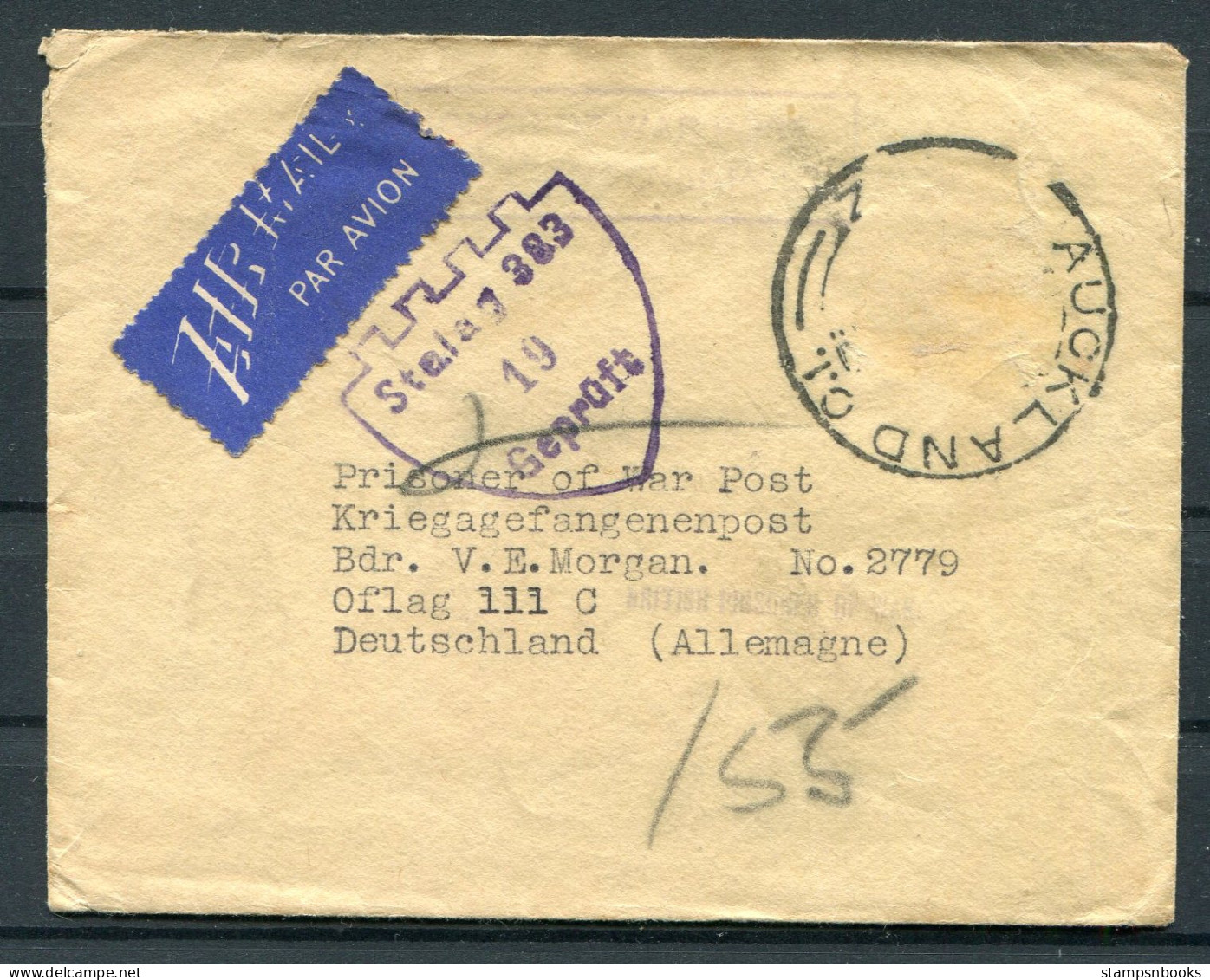 WW2 New Zealand Auckland Airmail Cover (stamp Missing) - Morgan, Oflag 3c Stalag 383 Censor Germany  - Covers & Documents