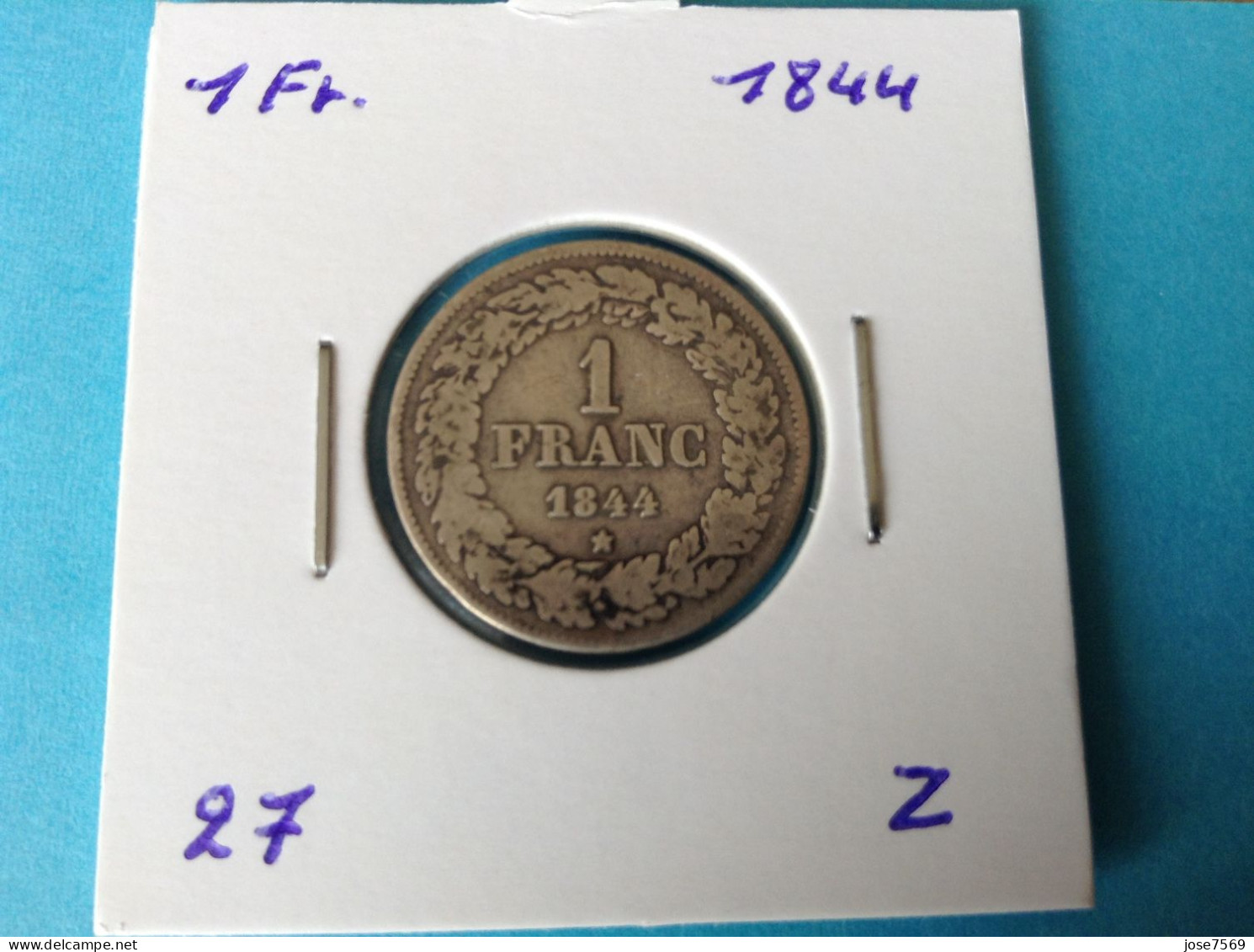België Leopold I 1 Frank 1844 Gelauwerd Smalle Kartel Zilver. (Morin 27) - 1 Franc