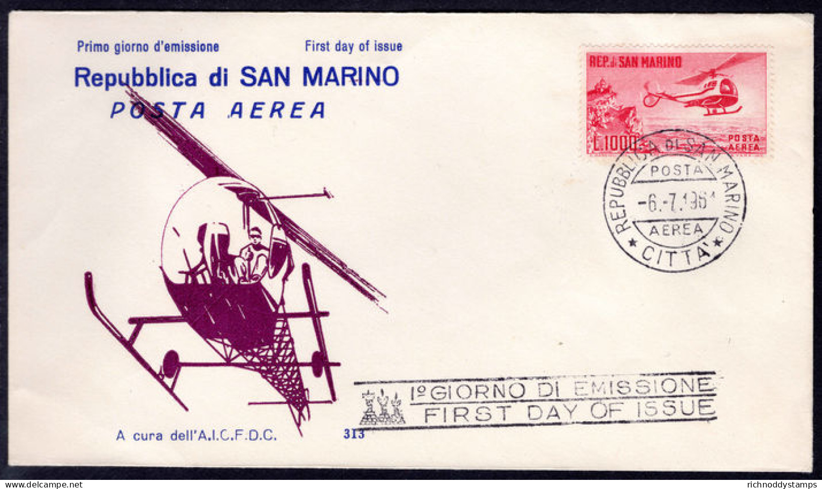 San Marino 1961 Helicopter Fine First Day Cover. - Oblitérés