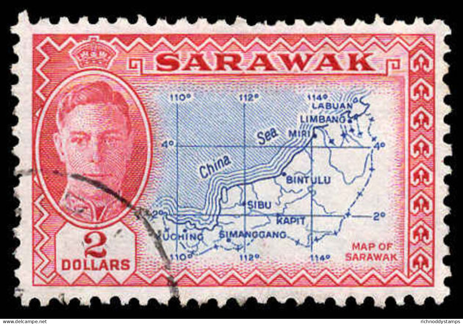 Sarawak 1950 &#36;2 Blue And Carmine Fine Used. - Sarawak (...-1963)