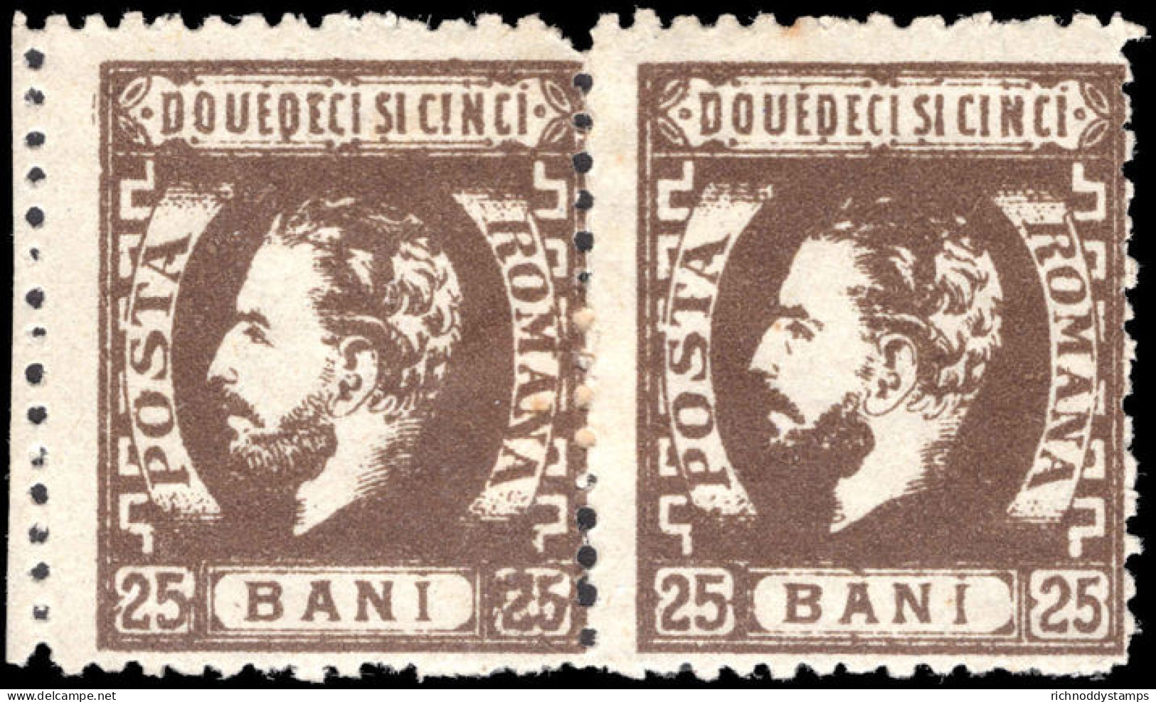Romania 1872 25b Sepia Perf 12&#189; Pair Unused Part Gum. - Unused Stamps