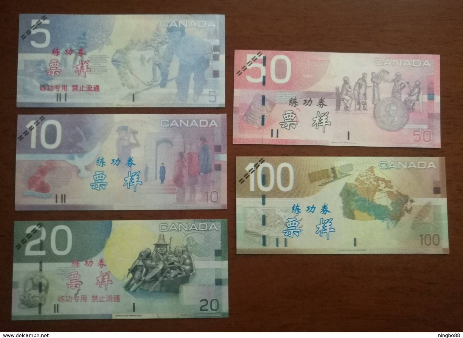China BOC Bank Training/test Banknote,Canada Dollars C Series（Deep Color）5 Different Note Specimen Overprint - Kanada