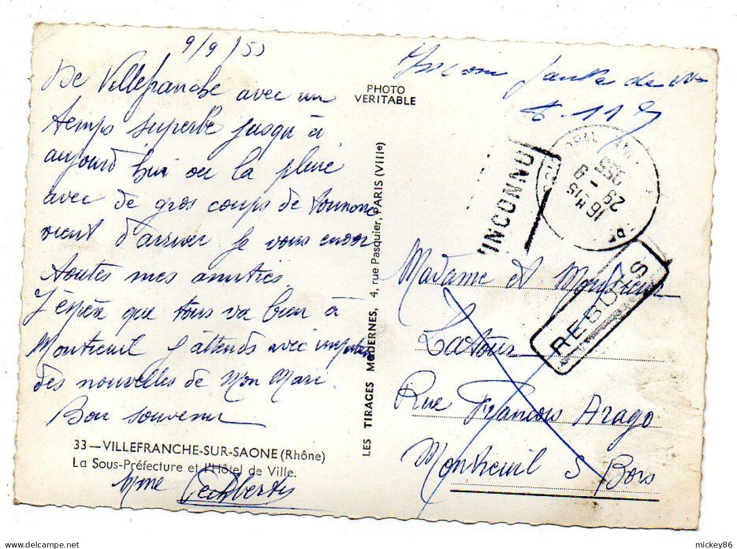 VILLEFRANCHE SUR SAONE --1955-- La Sous-Préfecture Et L'Hôtel De Ville  ........timbre.....cachet...griffes - Villefranche-sur-Saone