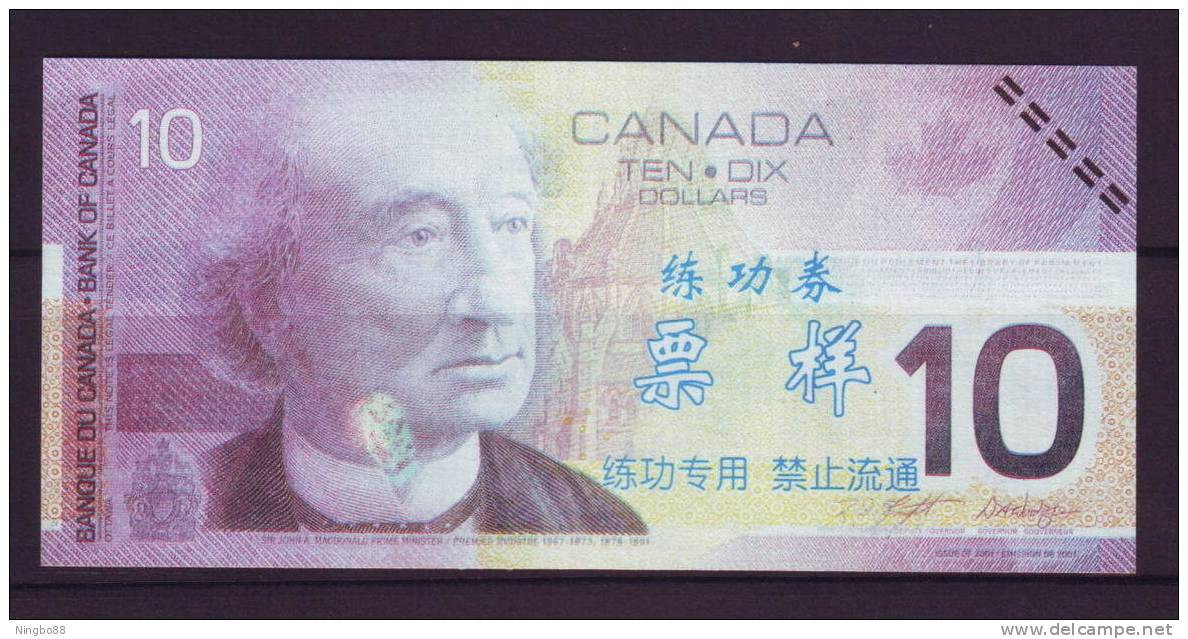 China BOC Bank (bank Of China) Training/test Banknote,Canada Dollars C Series $10 Note Specimen Overprint - Kanada