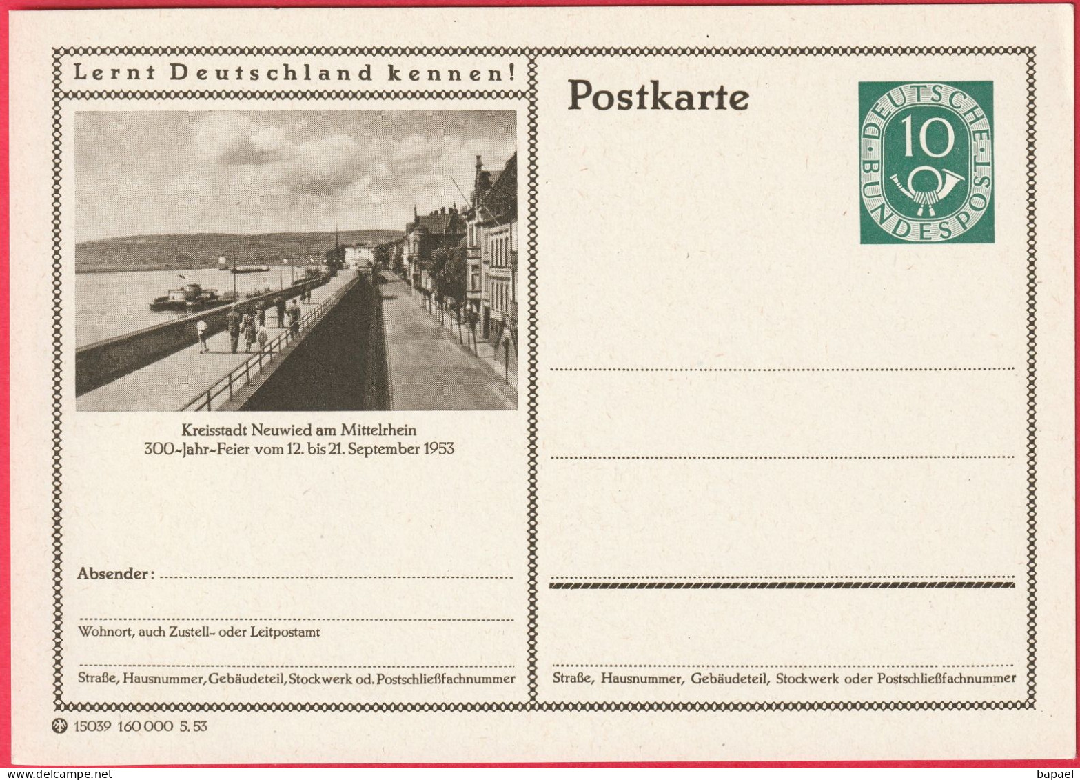 Entier Postal (CP) - Neuwied (Allemagne) - Fête Des 300 Ans Du 12 Au 21 Septembre 1953 - Postkarten - Ungebraucht