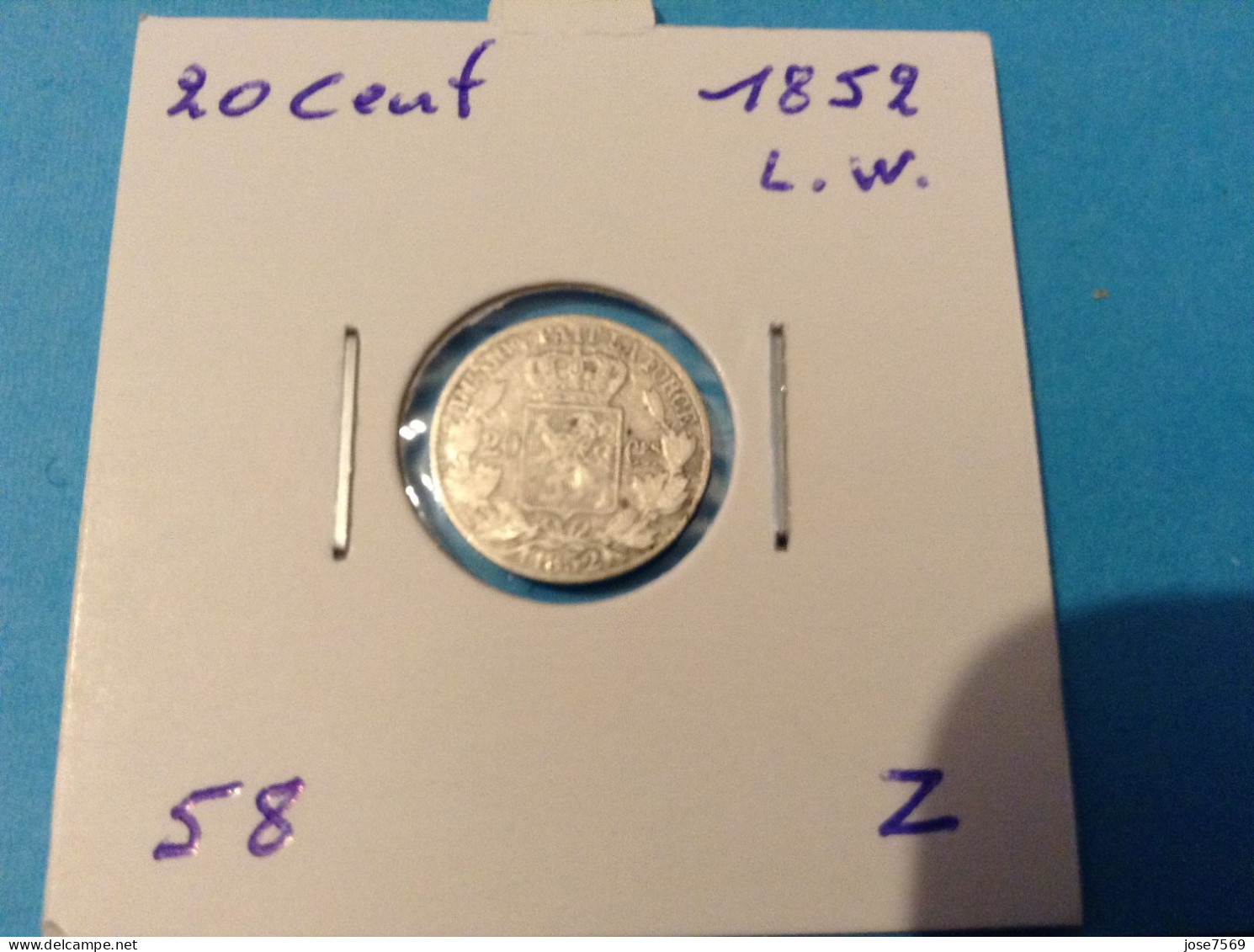 België Leopold I  20 Cent 1852 L.W. Zilver. (Morin 58) - 20 Cent