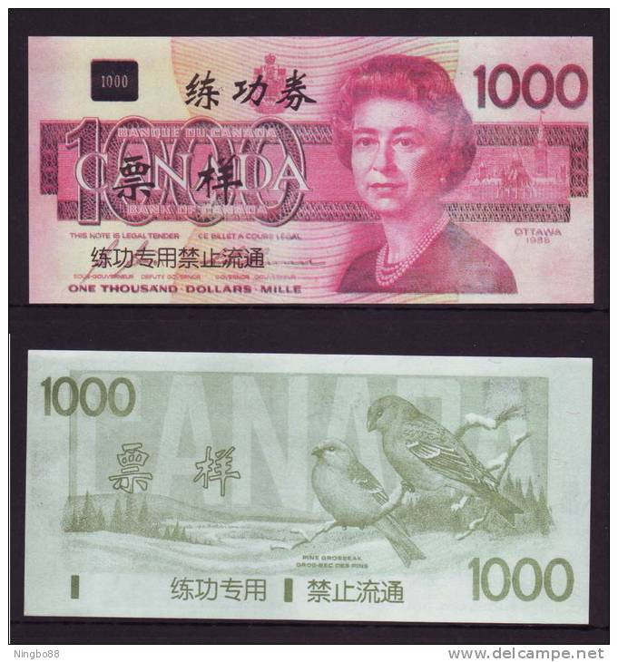 China BOC Bank (bank Of China) Training/test Banknote,Canada Dollars B-2 Series $1000 Note Specimen Overprint - Canada