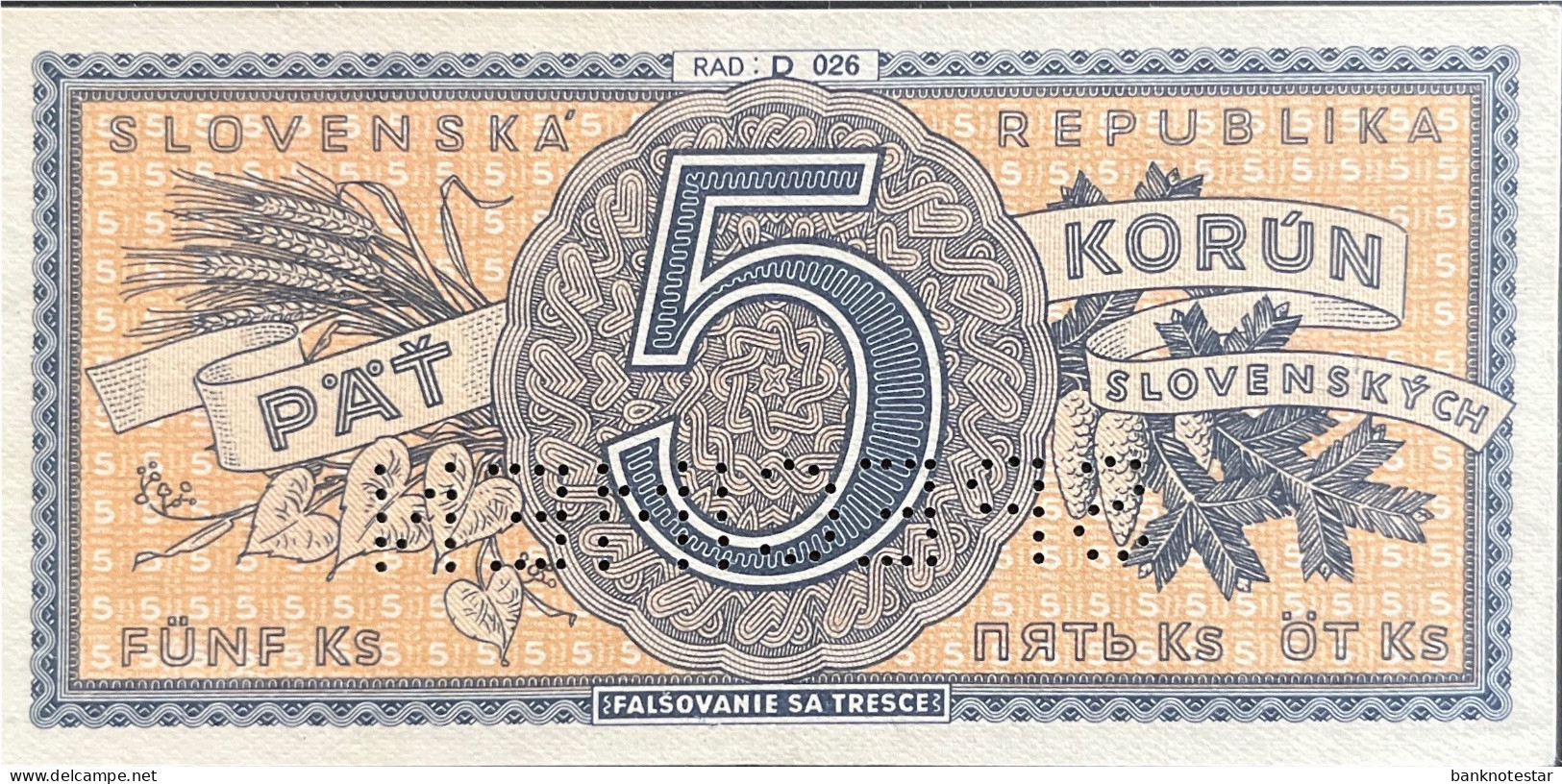 Slovakia 5 Korun, P-8s (1945) - UNC - SPECIMEN - Slowakei