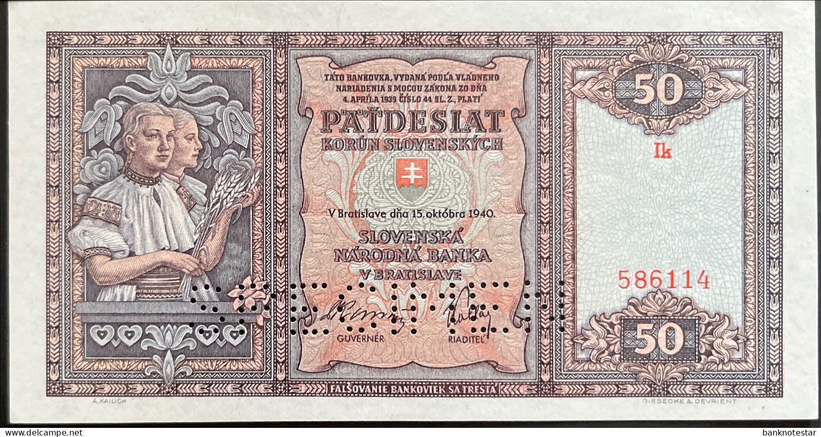 Slovakia 50 Korun, P-9s (15.10.1940) - UNC - SPECIMEN - Slovakia