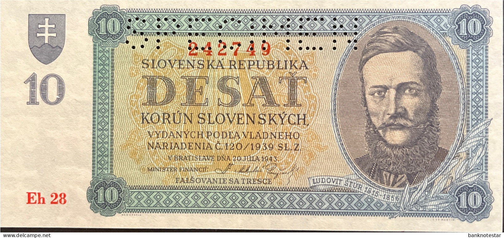 Slovakia 10 Korun, P-6s (20.07.1943) - UNC - SPECIMEN - Slovakia