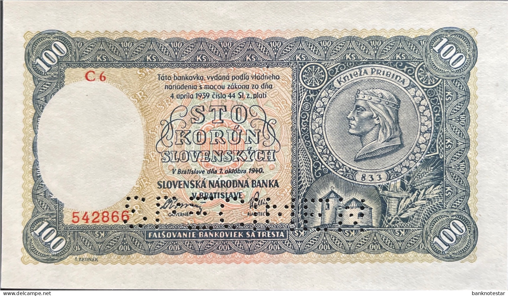 Slovakia 100 Korun, P-11s (07.10.1940) - UNC - SPECIMEN - Slovakia