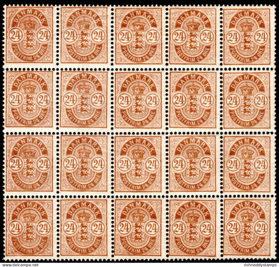 Denmark 1882-1902 24&oslash;  In Superb Block Of 20 Unmounted Mint. - Ongebruikt