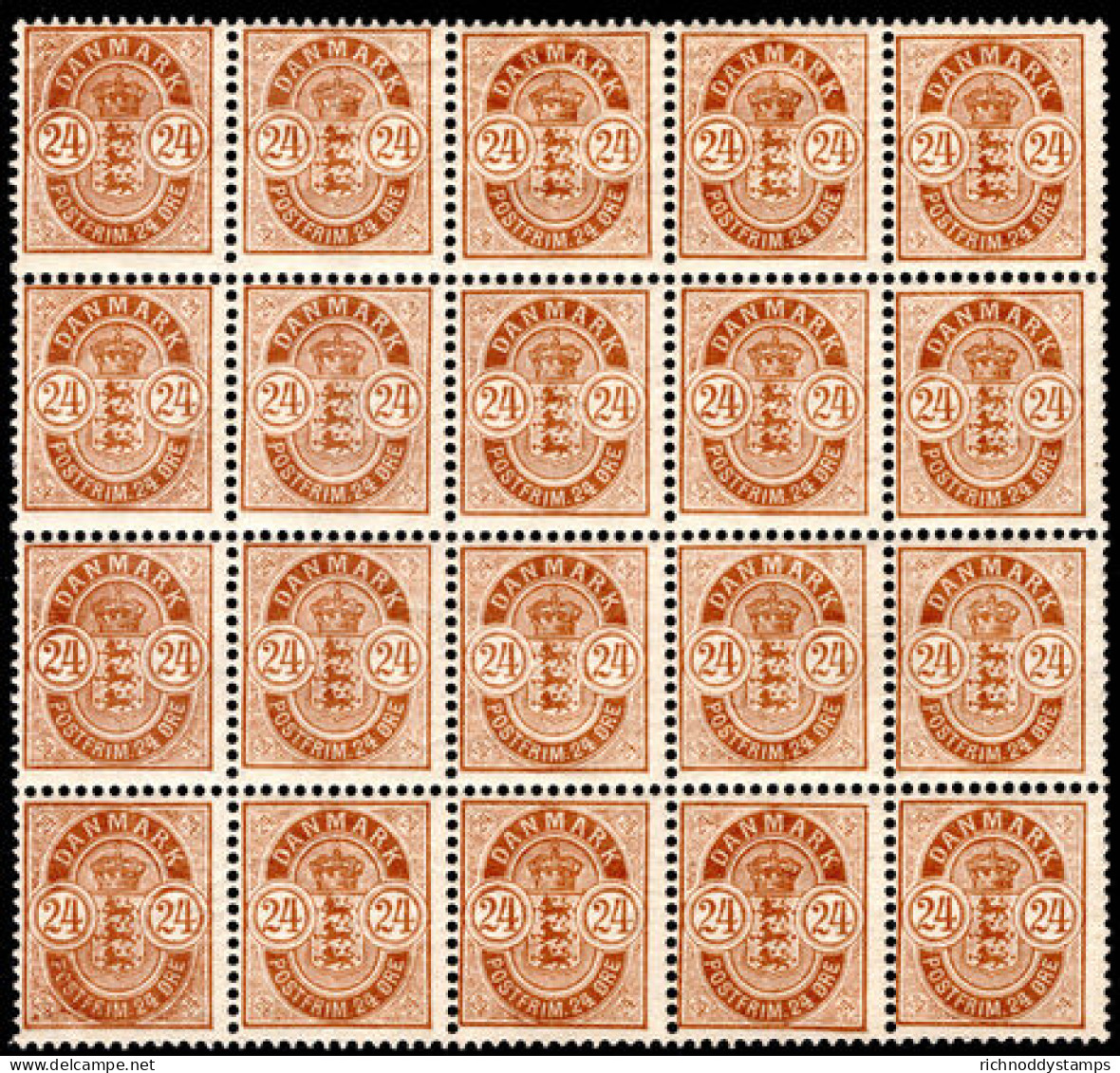 Denmark 1882-1902 24&oslash;  In Superb Block Of 20 Unmounted Mint. - Ungebraucht