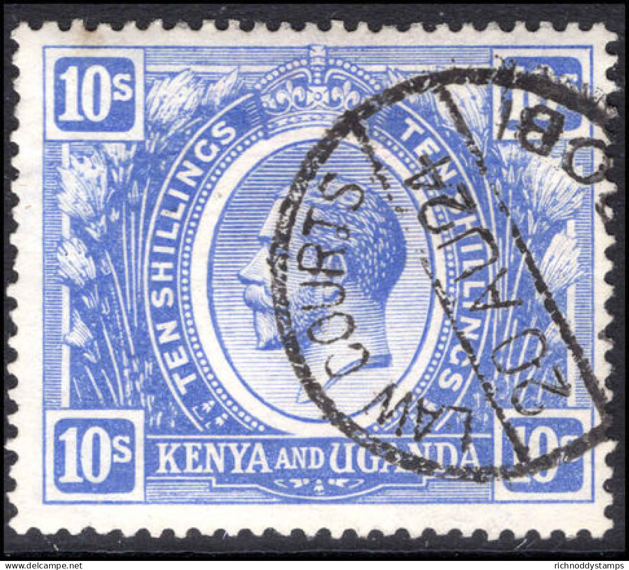 Kenya And Uganda 1922-27 10s Bright Blue Wmk Crown To Right Fiscal Fine Used. - Kenya & Oeganda