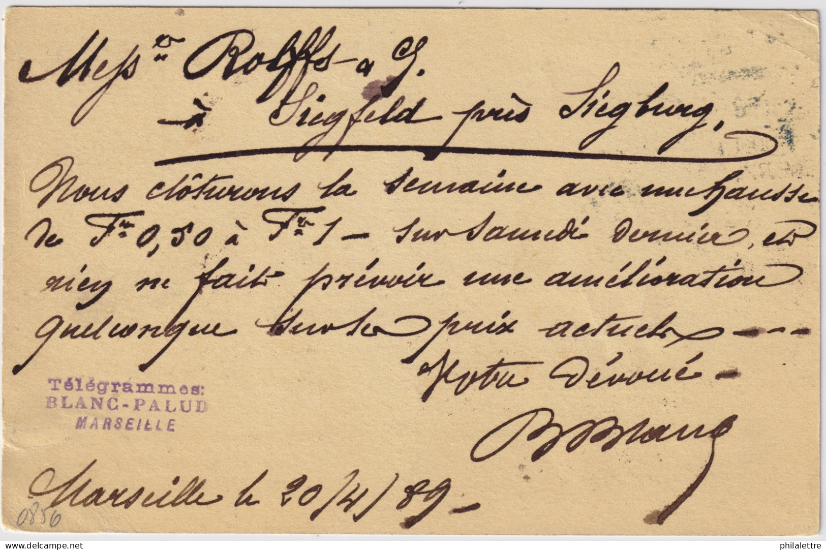 FRANCE - 1889 - TàD "ÉTRANGER / MARSEILLE" Sur CP 10c Sage (noir/violet) Pour Siegfeld, Allemagne - TB - Standard- Und TSC-AK (vor 1995)